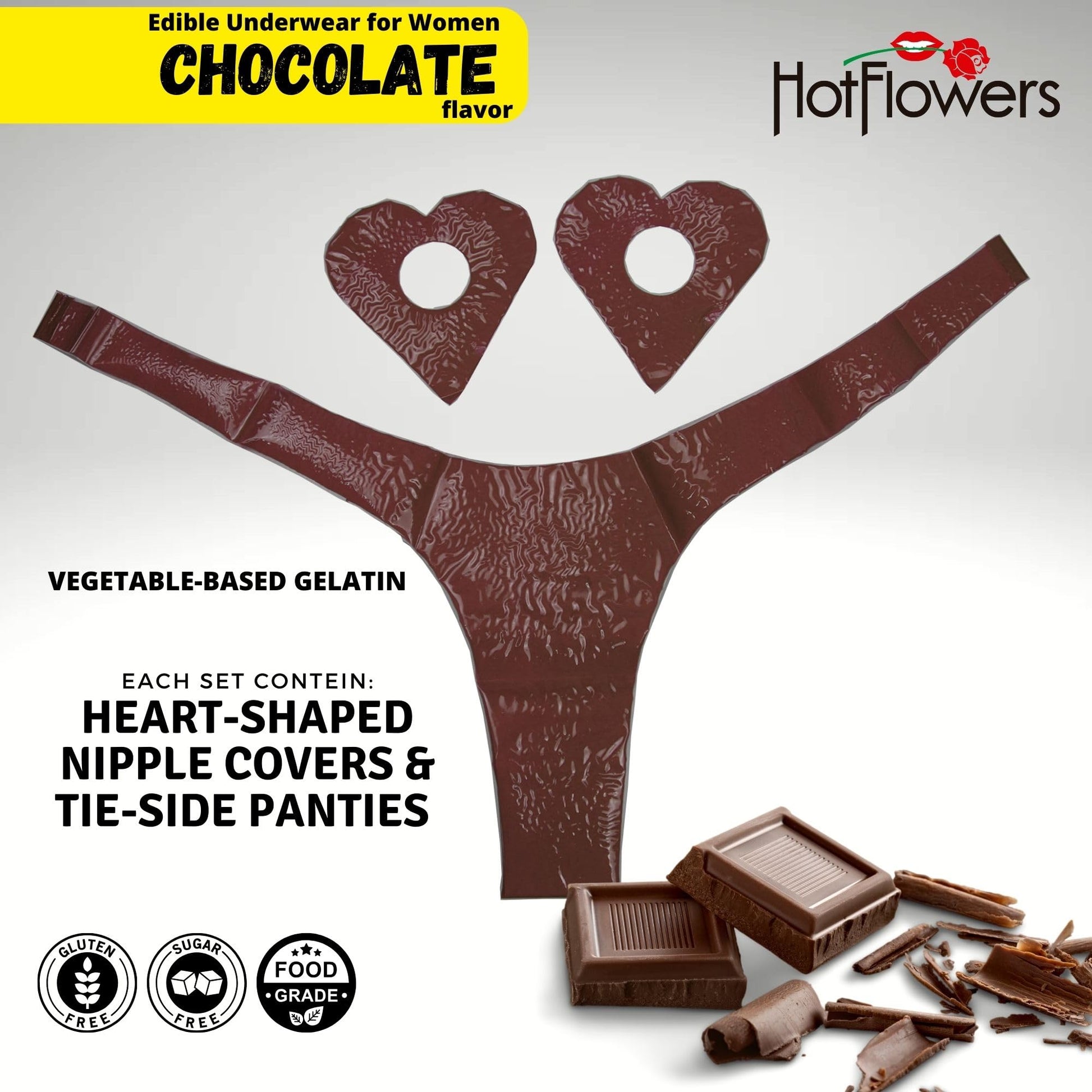HOT FLOWERS Karamela Edible Underwear for Women –Candy Lingerie Set Heart-Shaped Nipple Covers & Tie-Side Panties - Chocolate