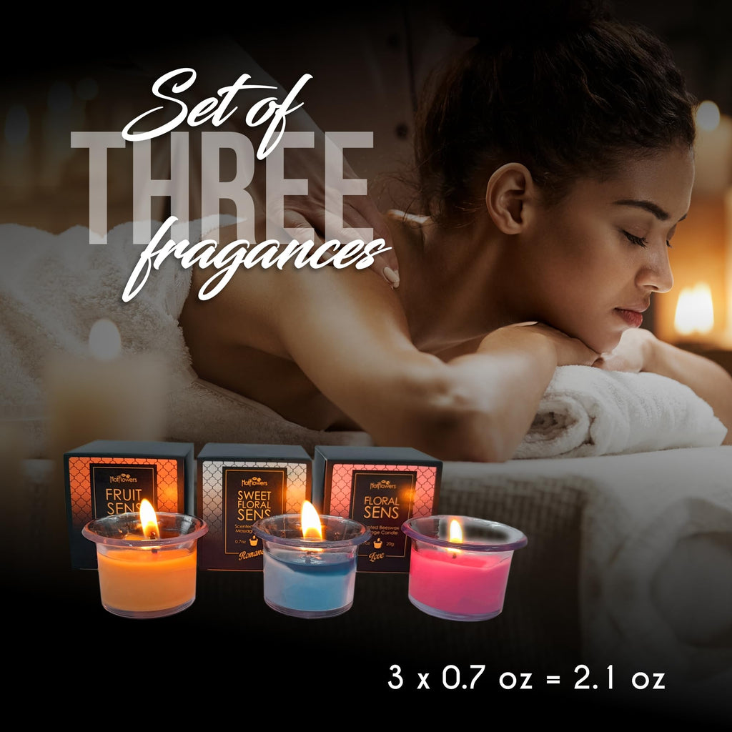 Hot Flowers Beeswax Body Scented Massage Candle Set - Low Heat Oil Warmer - Skin Safe Moisturize - Set of Three 0.7 oz Each - Romance Sweet Floral, Charm Fruit, Love Floral