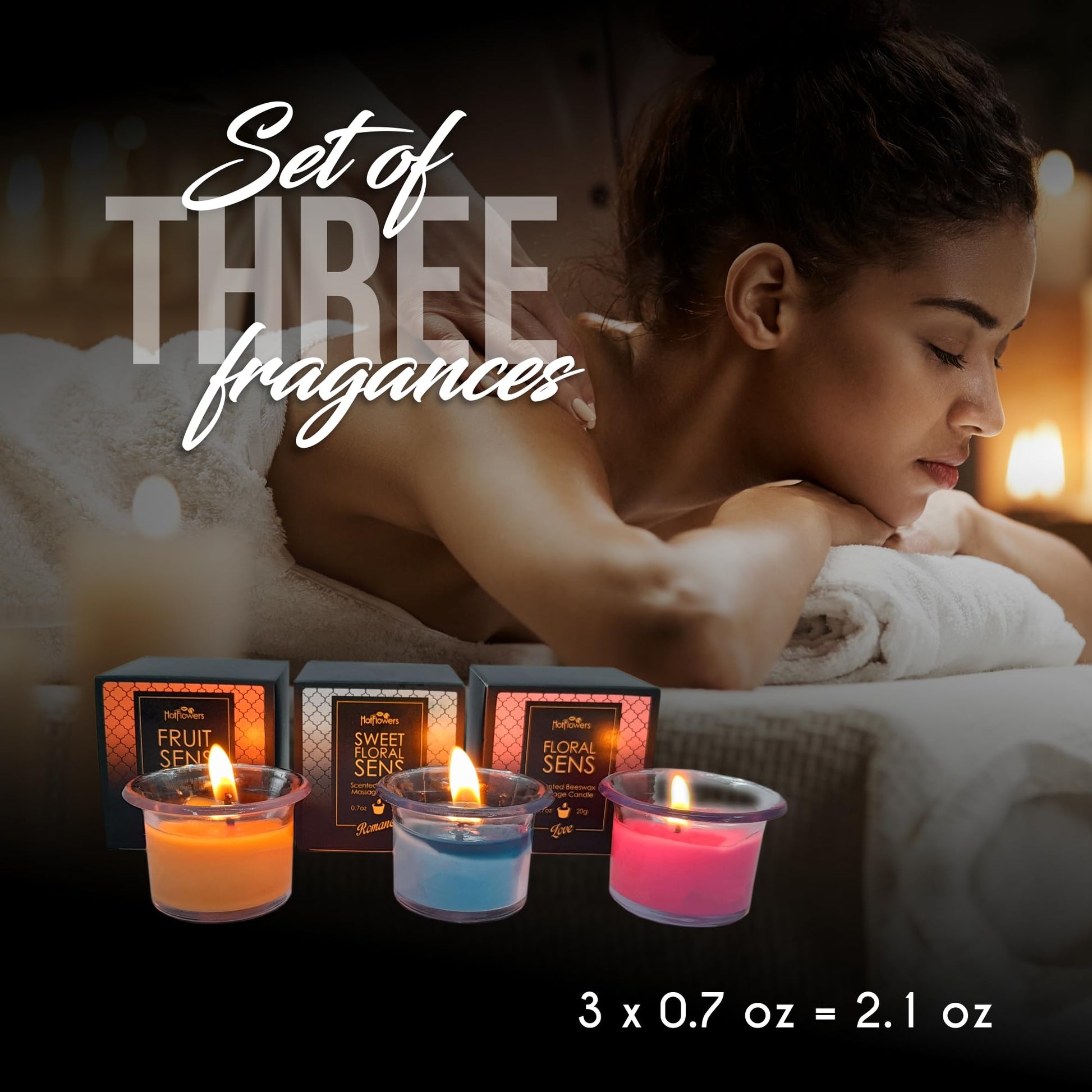 Hot Flowers Beeswax Body Scented Massage Candle Set - Low Heat Oil Warmer - Skin Safe Moisturize - Set of Three 0.7 oz Each - Romance Sweet Floral, Charm Fruit, Love Floral