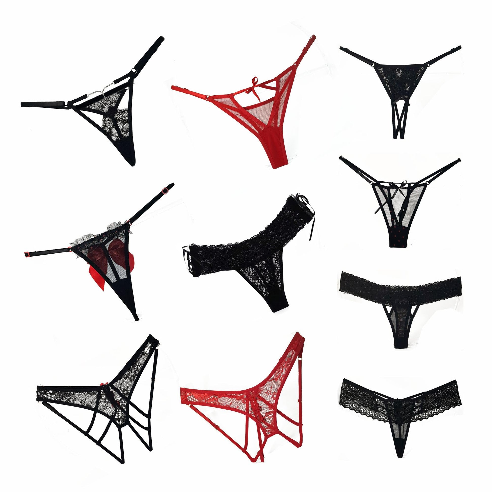 HOT FLOWERS Women Sexy Underwear Pack of 10 Variety of Panties - G-String Thongs Crotchless - Adjustable Waist – Black and Red Colors Set