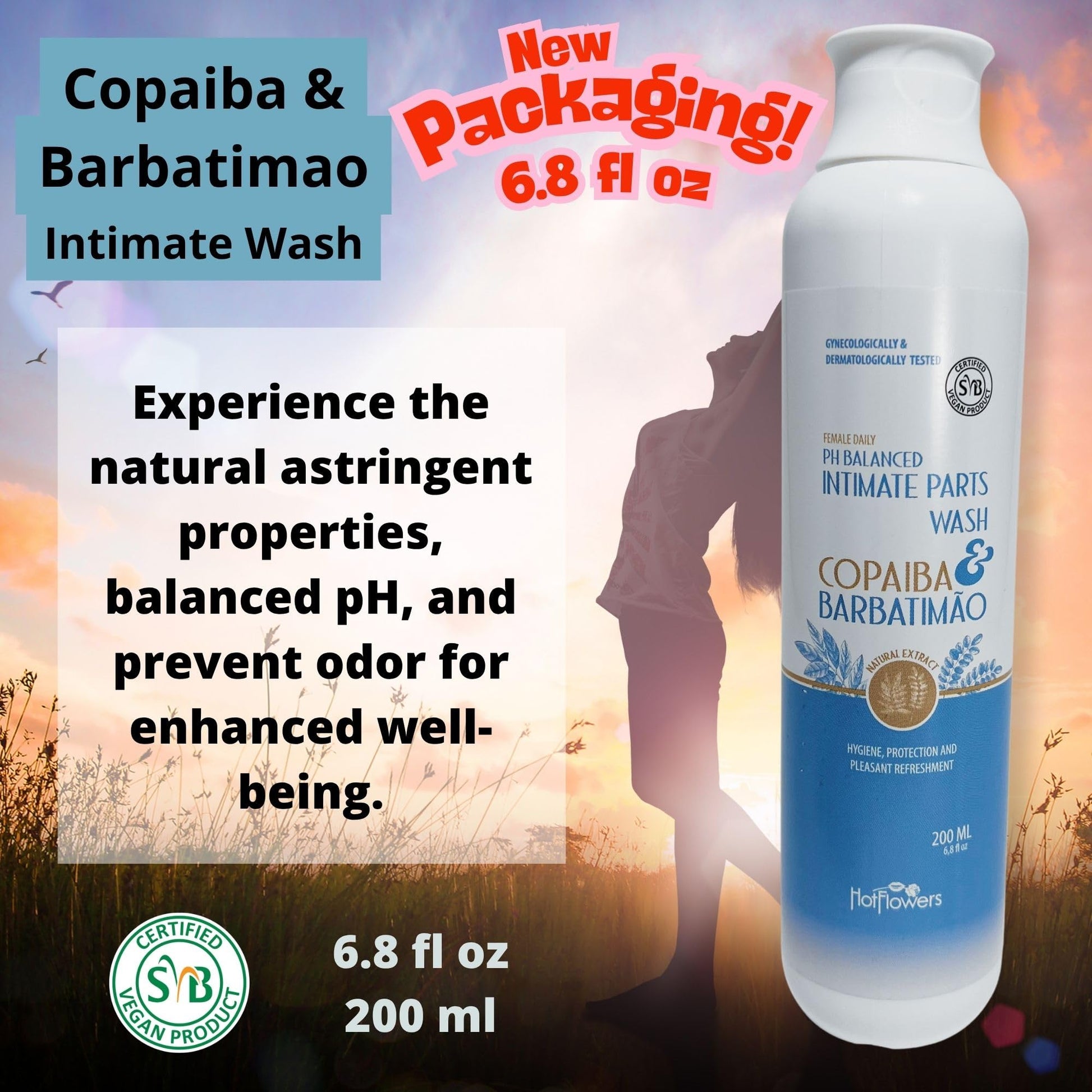 HOT FLOWERS Copaiba Barbatimao Feminine Wash for Intimate Care, Women pH Balanced for Essentials Body Health, Daily Use, Gynecologist and Dermatologist Tested, 4.4 fl oz