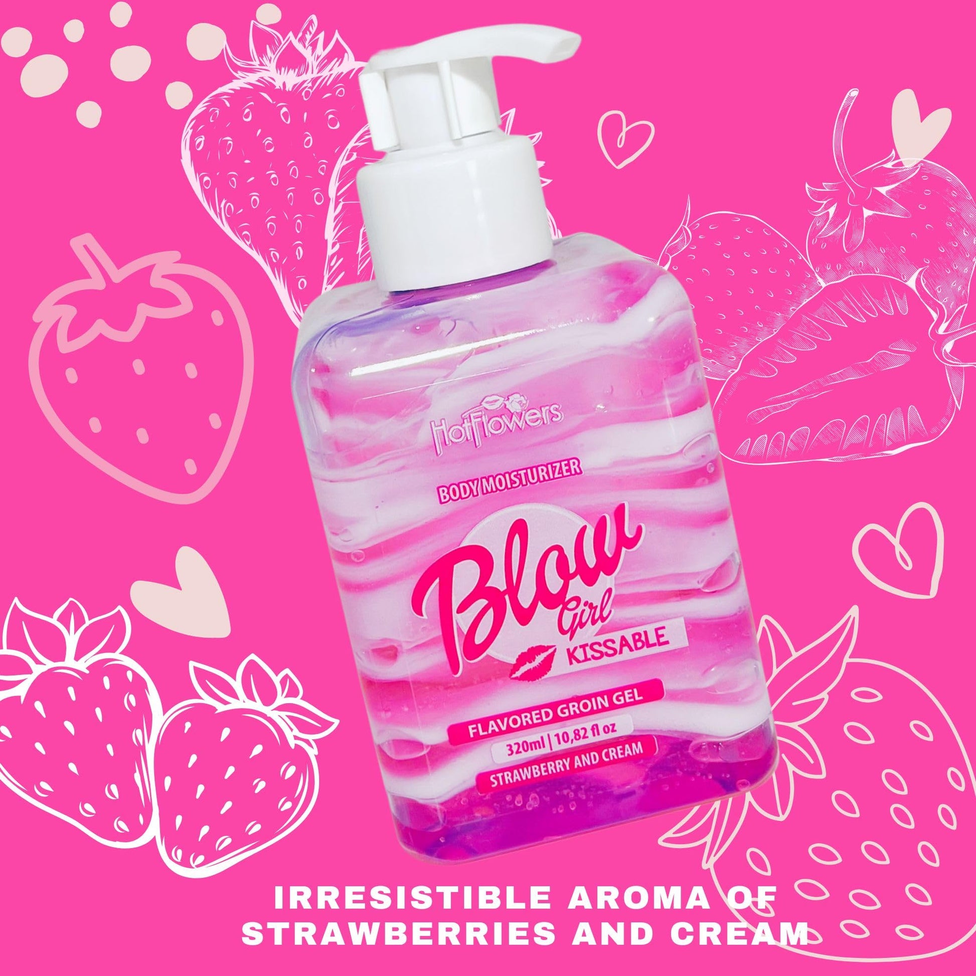 HOT FLOWERS Blow Girl Lickable Moisturizing Lotion – Strawberry & Cream Flavored Body Moisturizer – Softens & Hydrates Skin – 320ml (10.82 fl oz)