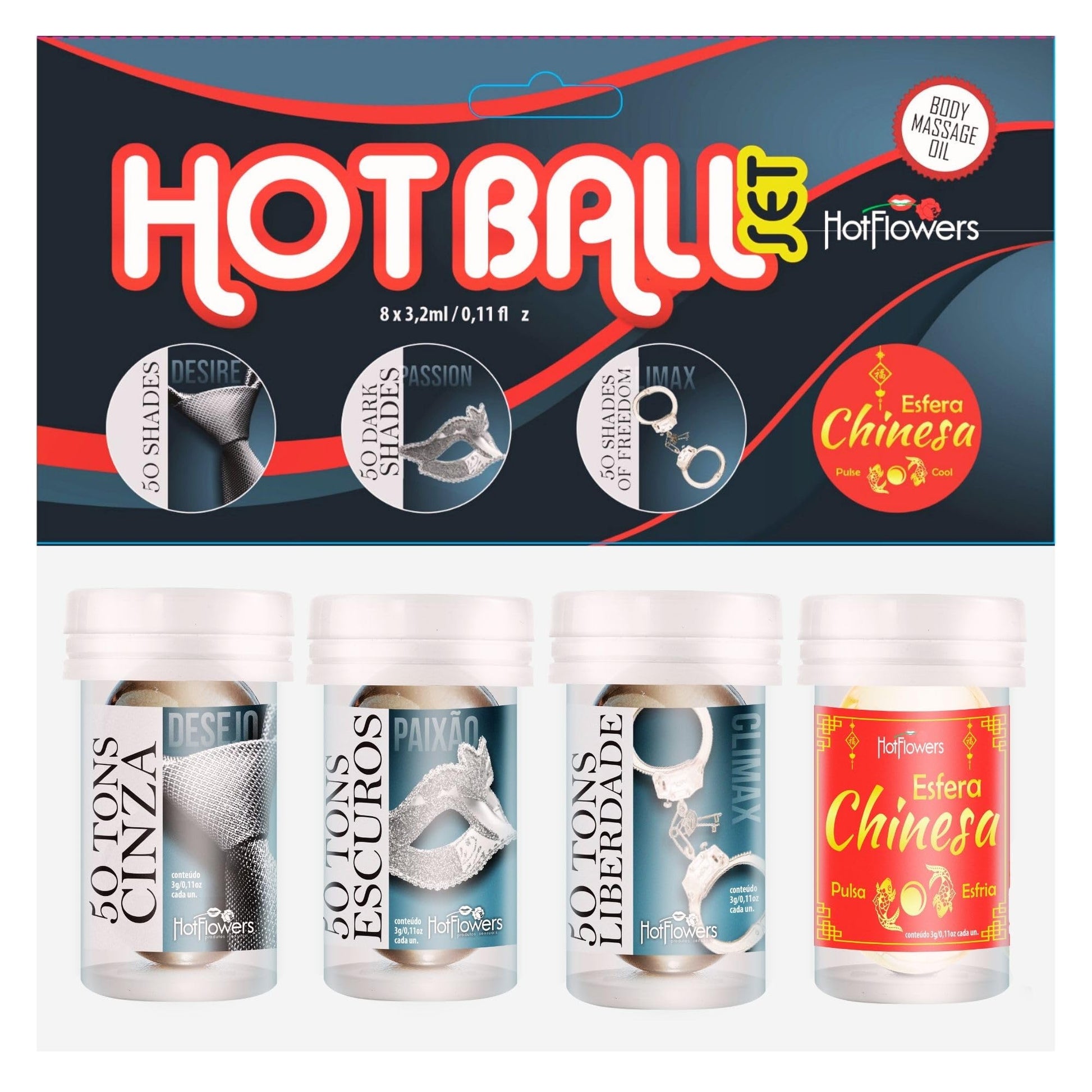 Hot Ball Pleasure Kit – 4 Massage Oil Balls: Desire, Passion, Climax & Esfera Chinesa – Cooling, Warming & Pulsing Sensations – 2 Capsules Each – Skin-Friendly Massage Gel