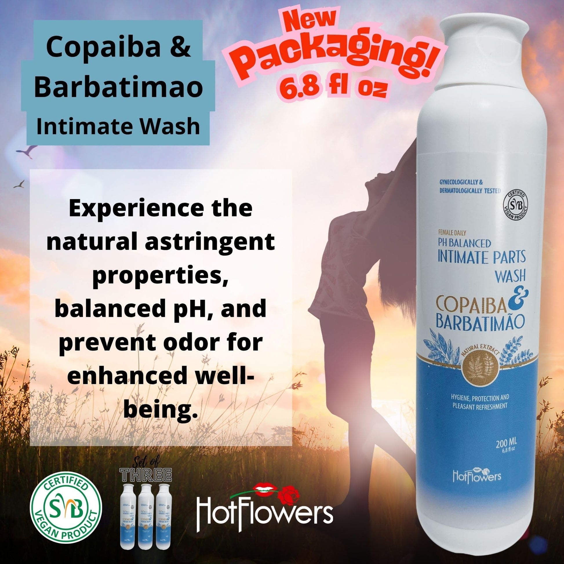 HOT FLOWERS Copaiba Barbatimao Feminine Wash for Intimate Care, Women pH Balanced for Essentials Body Health, Daily Use, Gynecologist and Dermatologist Tested, 4.4 fl oz