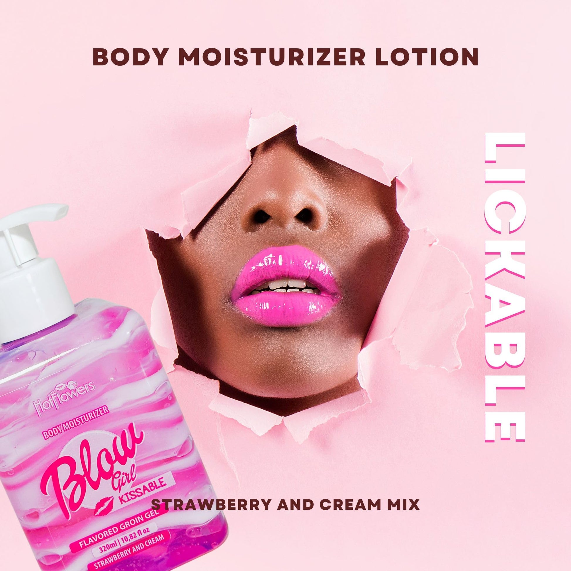 HOT FLOWERS Blow Girl Lickable Moisturizing Lotion – Strawberry & Cream Flavored Body Moisturizer – Softens & Hydrates Skin – 320ml (10.82 fl oz)
