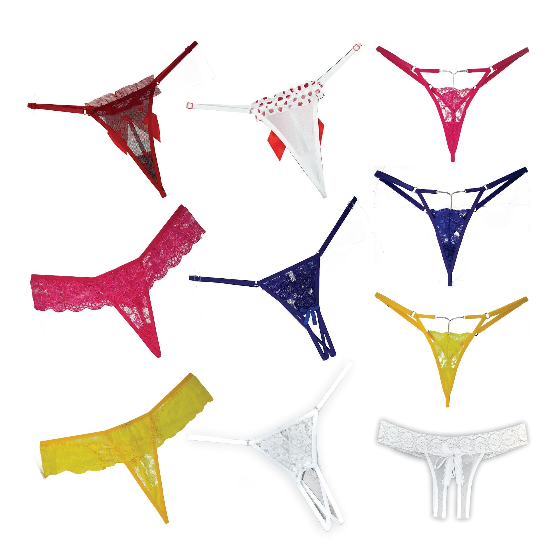 HOT FLOWERS Women Sexy Underwear Pack of 10 Variety of Panties - G-String Thongs Crotchless - Adjustable Waist – Multi-Color Set