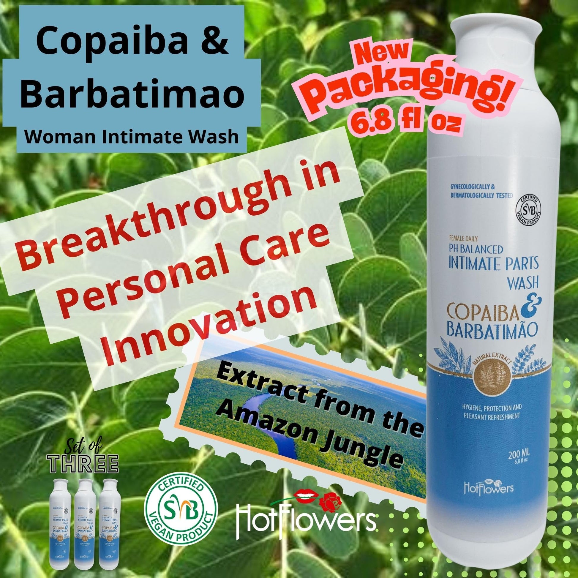 HOT FLOWERS Copaiba Barbatimao Feminine Wash for Intimate Care, Women pH Balanced for Essentials Body Health, Daily Use, Gynecologist and Dermatologist Tested, 4.4 fl oz