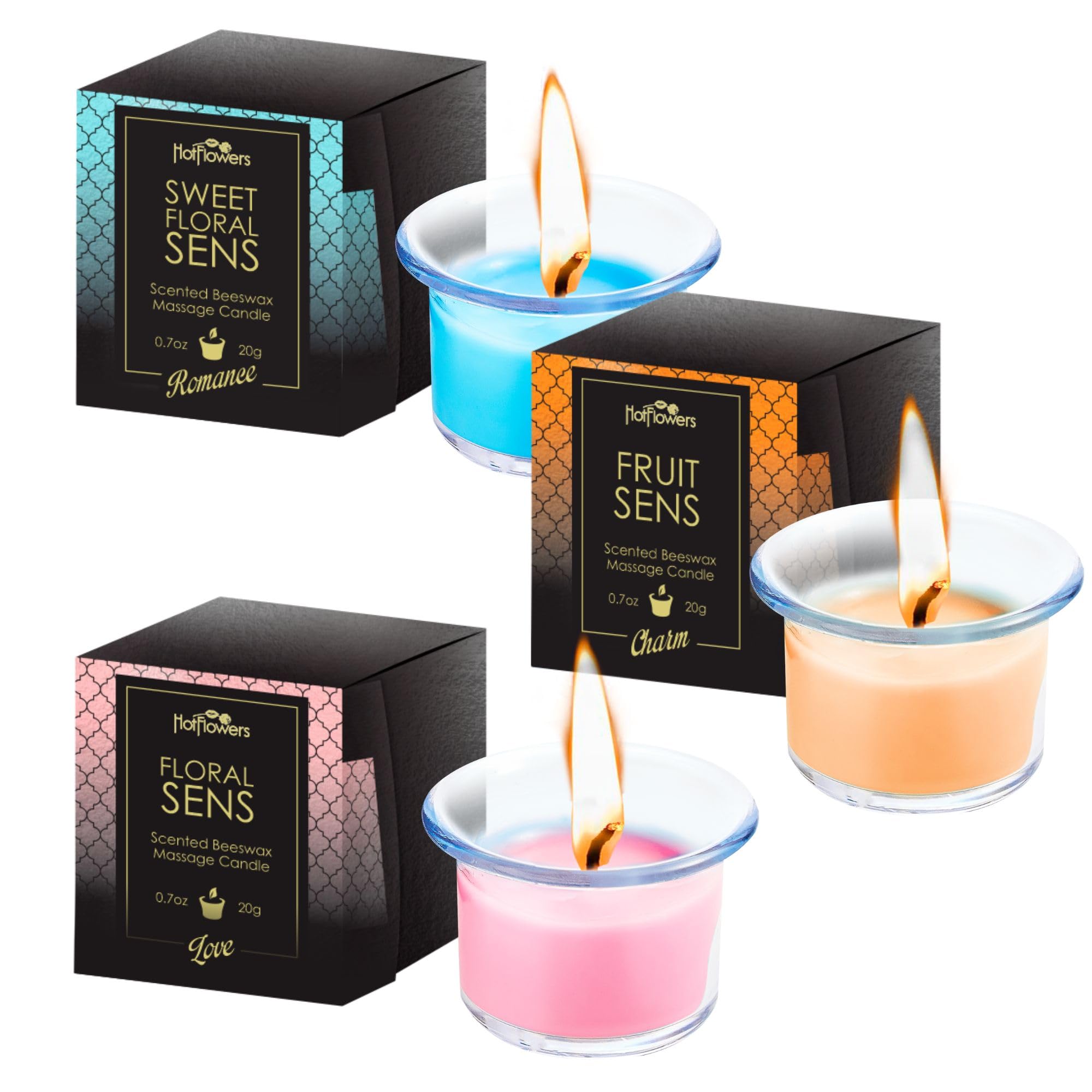 Hot Flowers Beeswax Body Scented Massage Candle Set - Low Heat Oil Warmer - Skin Safe Moisturize - Set of Three 0.7 oz Each - Romance Sweet Floral, Charm Fruit, Love Floral