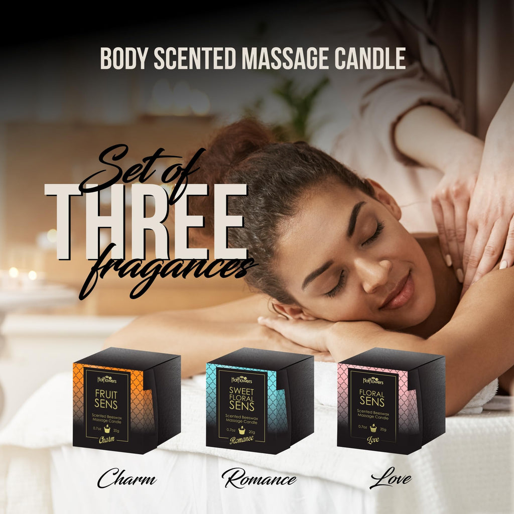 Hot Flowers Beeswax Body Scented Massage Candle Set - Low Heat Oil Warmer - Skin Safe Moisturize - Set of Three 0.7 oz Each - Romance Sweet Floral, Charm Fruit, Love Floral