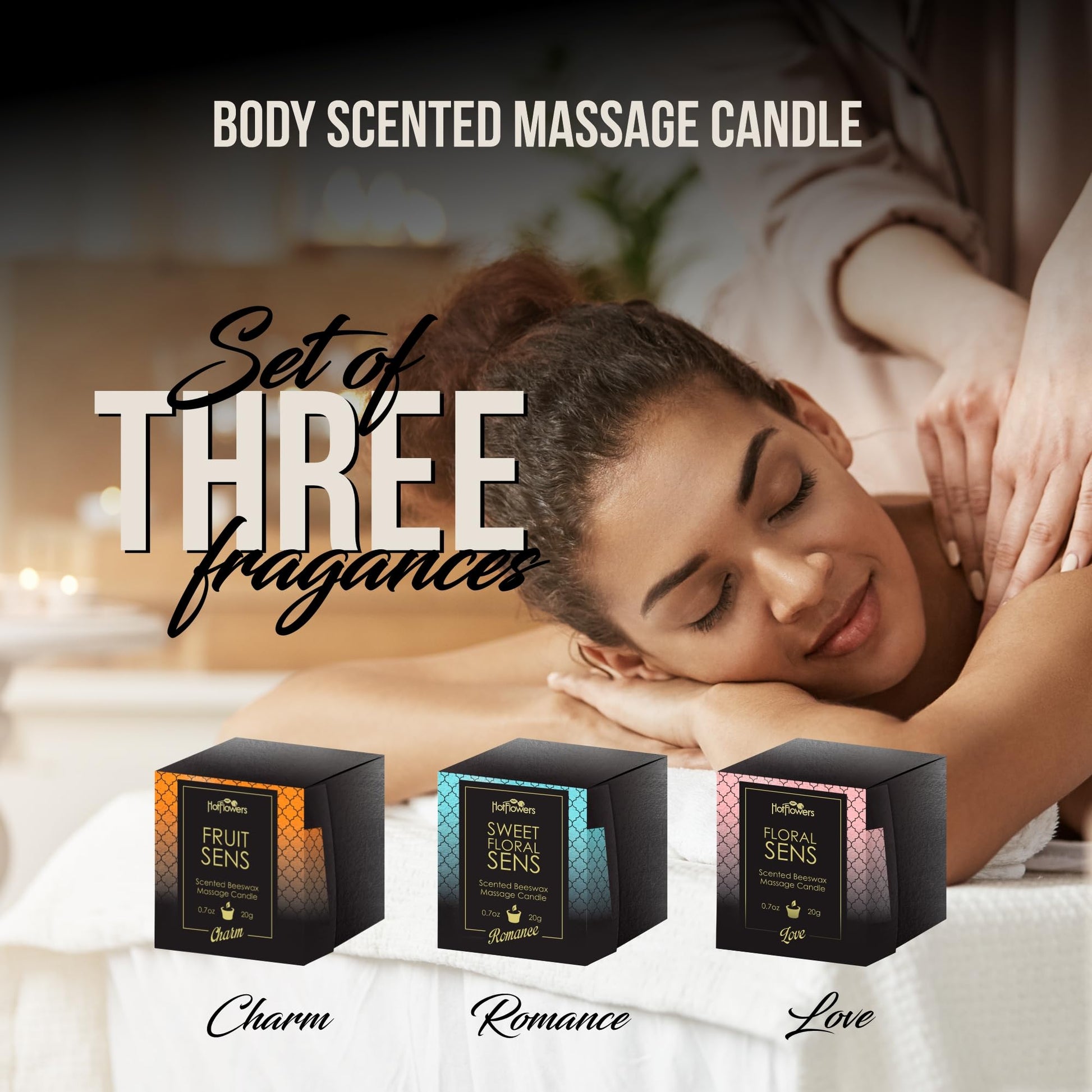 Hot Flowers Beeswax Body Scented Massage Candle Set - Low Heat Oil Warmer - Skin Safe Moisturize - Set of Three 0.7 oz Each - Romance Sweet Floral, Charm Fruit, Love Floral