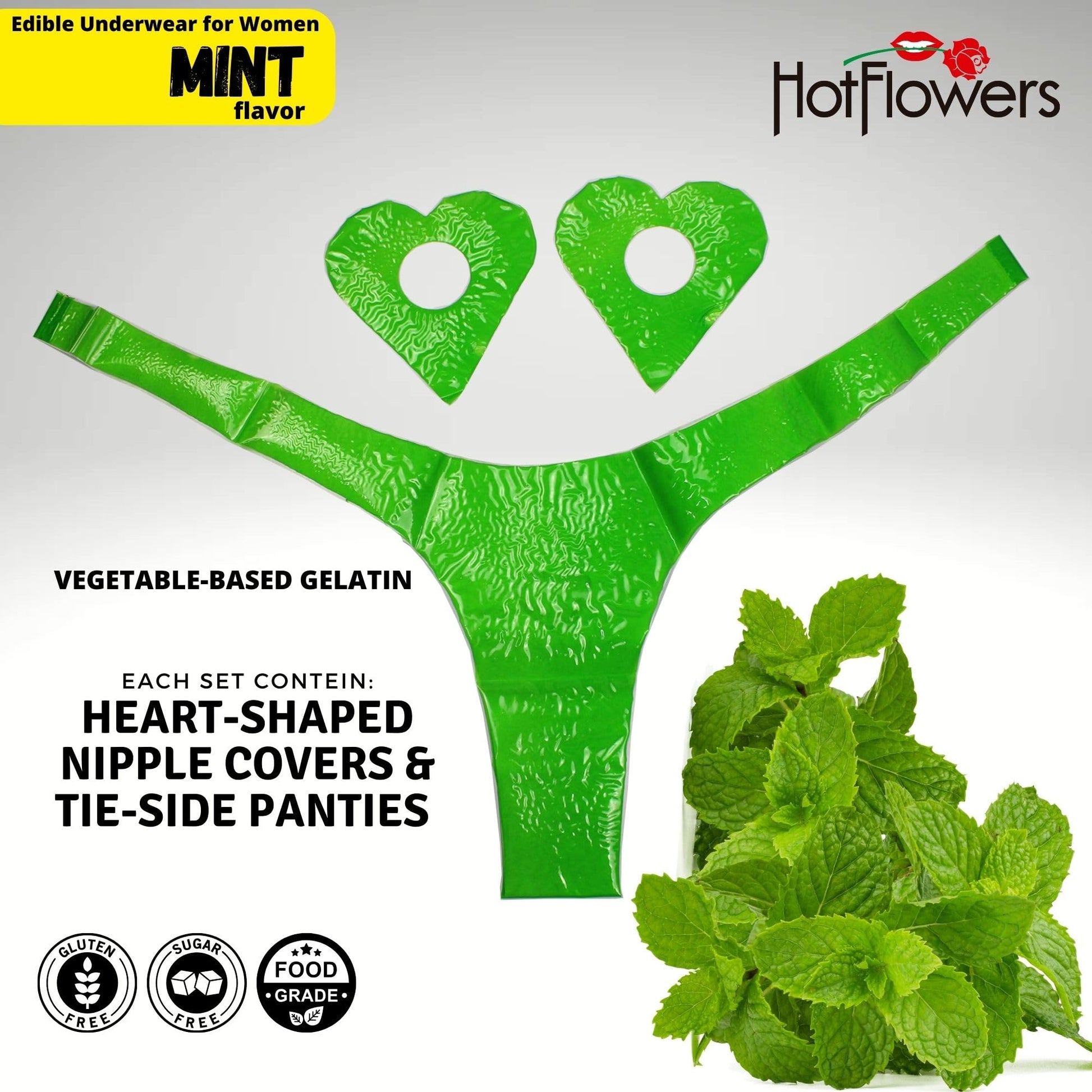 HOT FLOWERS Karamela Edible Underwear for Women -Candy Lingerie Set Heart-Shaped Nipple Covers & Tie-Side Panties - Mint