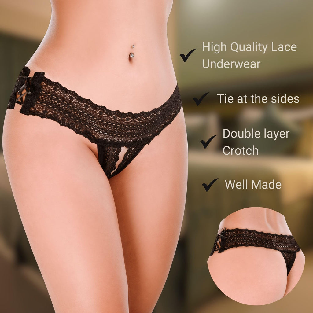 HOT FLOWERS Women Sexy Underwear Pack of 10 Variety of Panties - G-String Thongs Crotchless - Adjustable Waist – Black and Red Colors Set