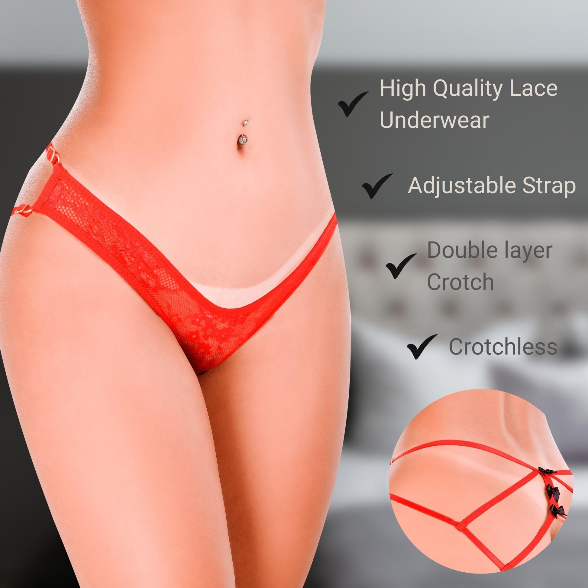 HOT FLOWERS Women Sexy Underwear Pack of 10 Variety of Panties - G-String Thongs Crotchless - Adjustable Waist – Black and Red Colors Set