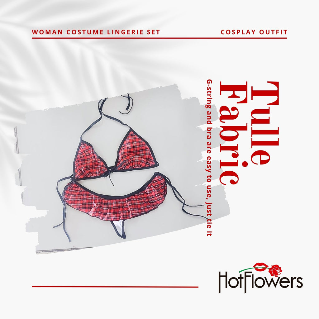 Women's Plaid Schoolgirl Lingerie Costume – 2-Piece Cosplay Outfit with Bra, Ruffle Skirt & G-String