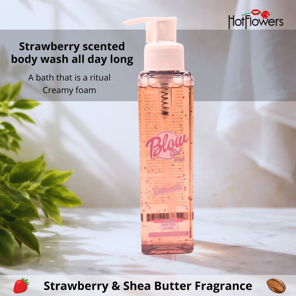 HOT FLOWERS Blow Girl Body Wash for Women, Strawberry & Shea Butter Scent, Refreshing Liquid Body Soap for Daily Cleansing, 200ml / 6.76 fl oz