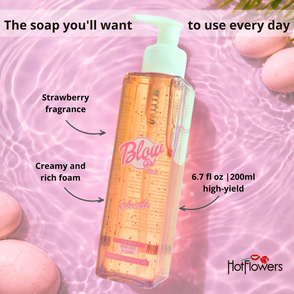HOT FLOWERS Blow Girl Body Wash for Women, Strawberry & Shea Butter Scent, Refreshing Liquid Body Soap for Daily Cleansing, 200ml / 6.76 fl oz