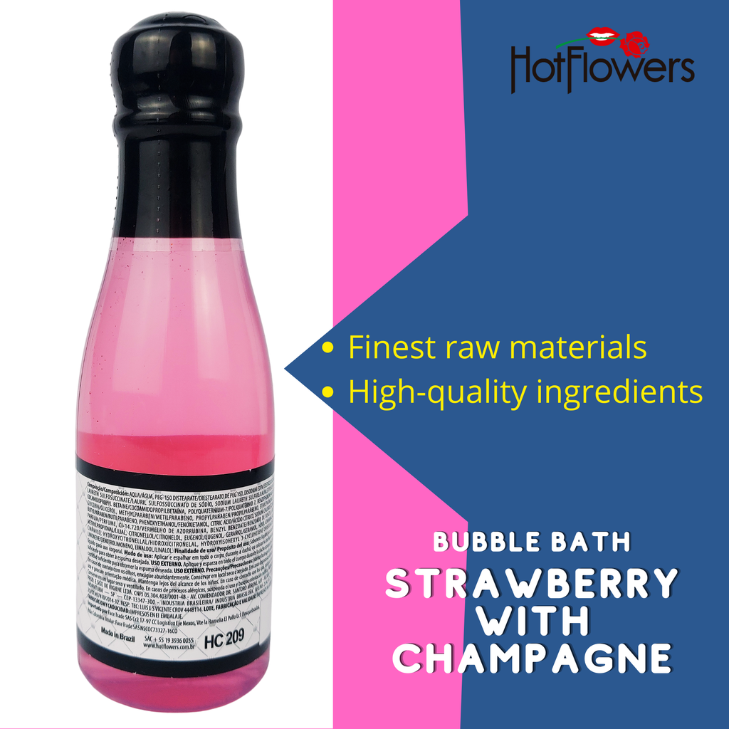 Hot Flowers Strawberry with Champagne Bubble Bath Scented – Women and Men Bath Foam Products – Relaxing, Foaming, and Moisturizing Adult Soak – Special Small Champagne-Shaped Pet Bottle - 5.28 FL OZ