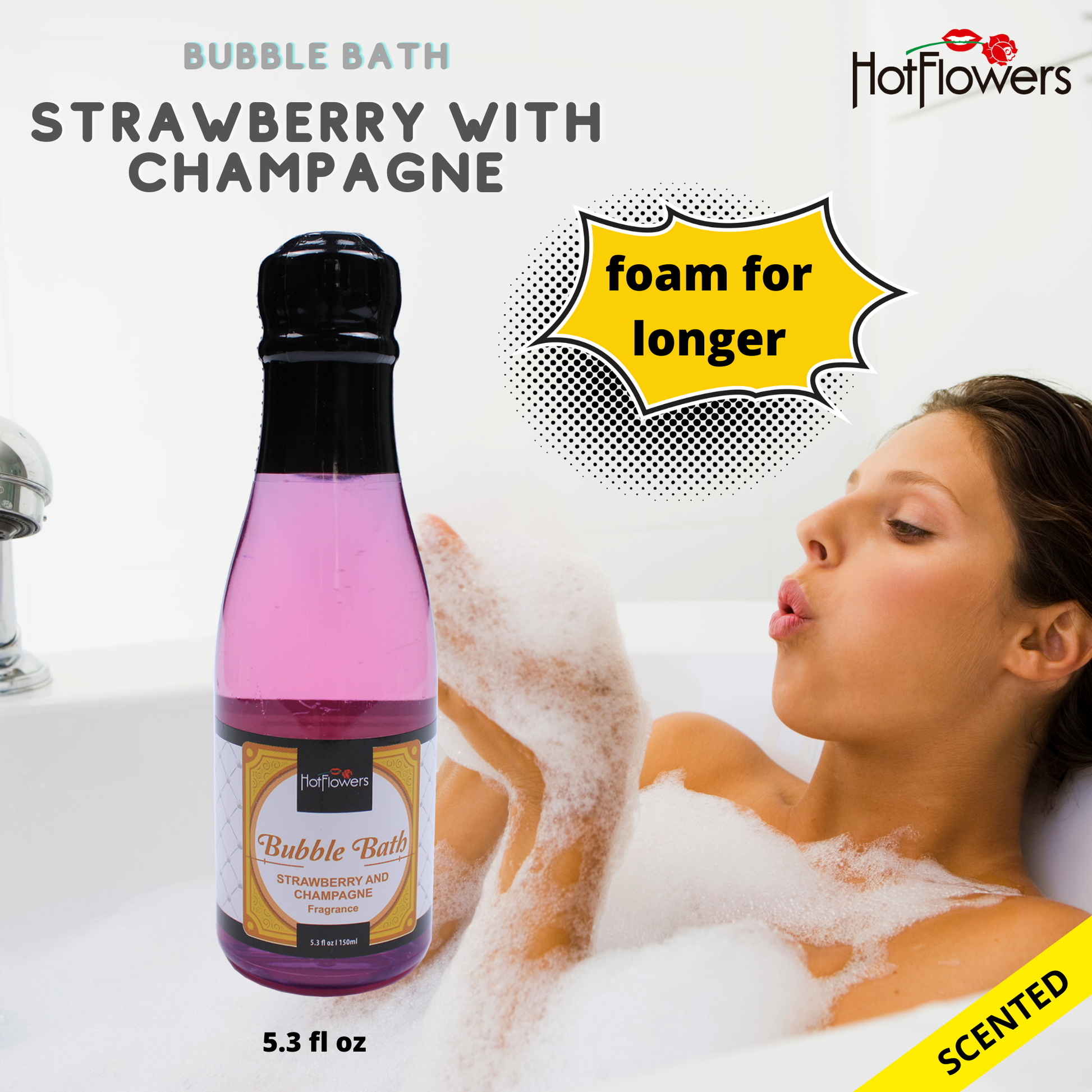 Hot Flowers Strawberry with Champagne Bubble Bath Scented – Women and Men Bath Foam Products – Relaxing, Foaming, and Moisturizing Adult Soak – Special Small Champagne-Shaped Pet Bottle - 5.28 FL OZ