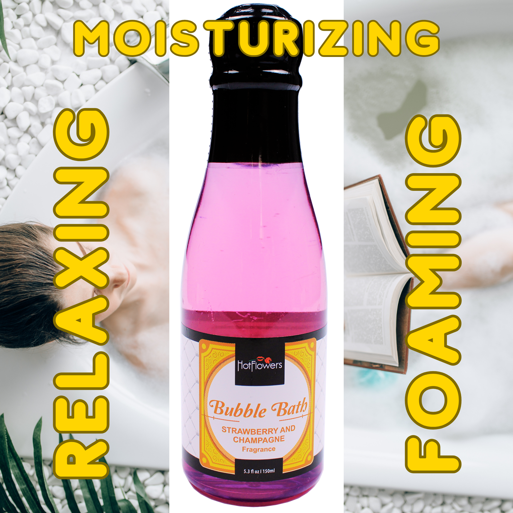 Hot Flowers Strawberry with Champagne Bubble Bath Scented – Women and Men Bath Foam Products – Relaxing, Foaming, and Moisturizing Adult Soak – Special Small Champagne-Shaped Pet Bottle - 5.28 FL OZ