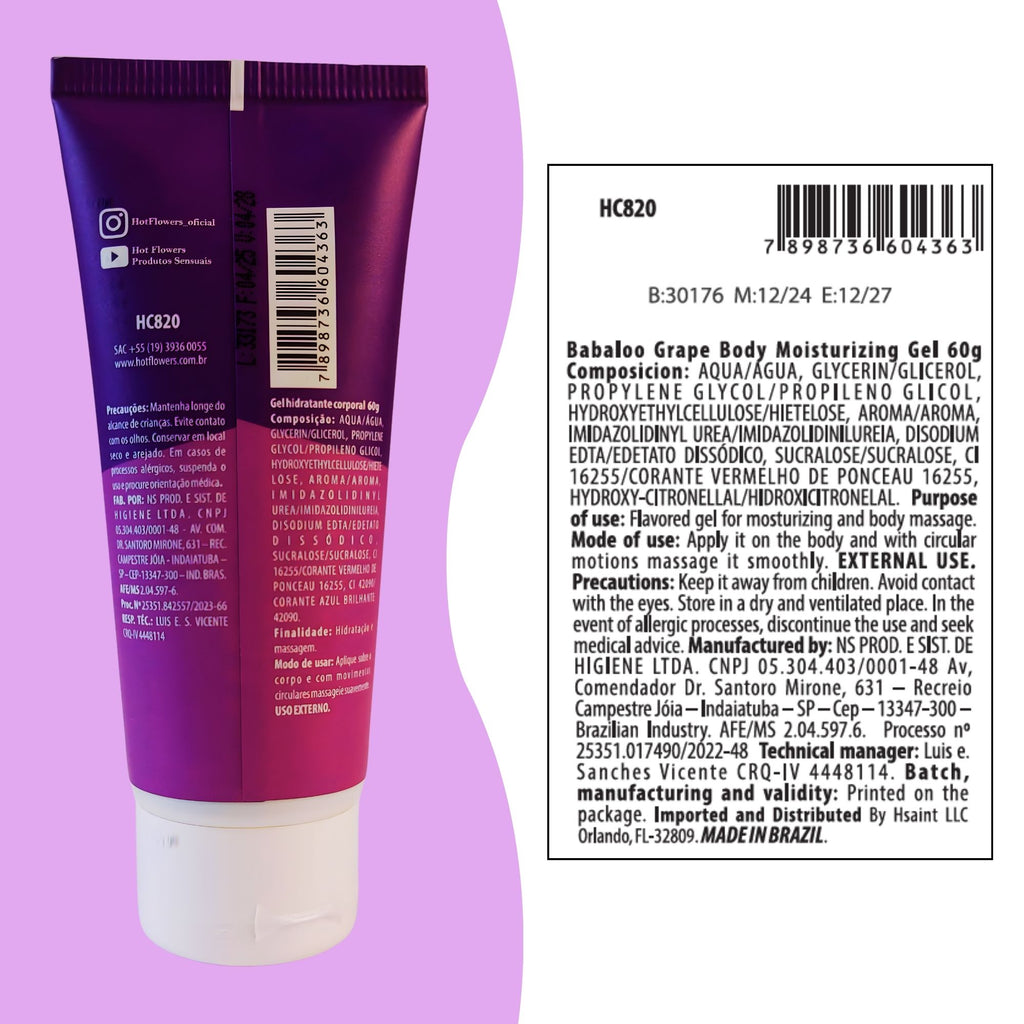 Hot Flowers Babaloo Hydrating Glide Gel with Cooling Sensation – Water-Based Formula – Fruity Aromas of Grape or Watermelon – 60g