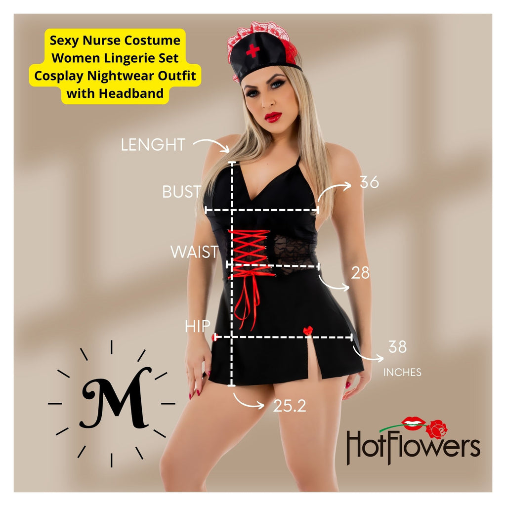 Sexy Nurse Costume Women Lingerie Dress Headband Halloween Cosplay Outfit Black