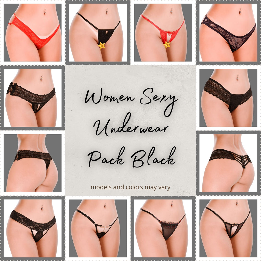 HOT FLOWERS Women Sexy Underwear Pack of 10 Variety of Panties - G-String Thongs Crotchless - Adjustable Waist – Black and Red Colors Set