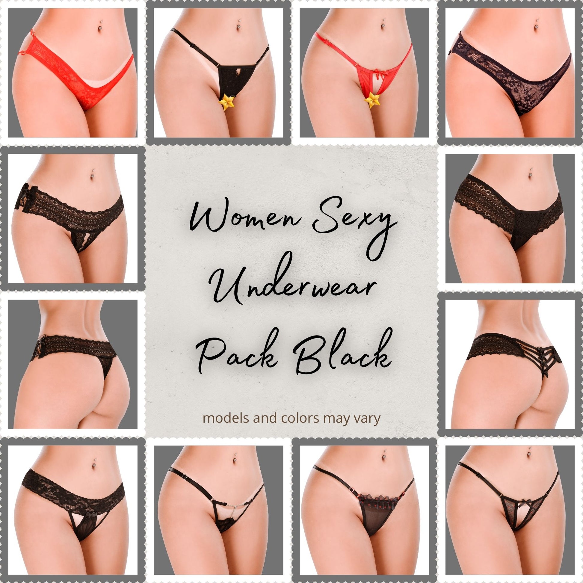 HOT FLOWERS Women Sexy Underwear Pack of 10 Variety of Panties - G-String Thongs Crotchless - Adjustable Waist – Black and Red Colors Set