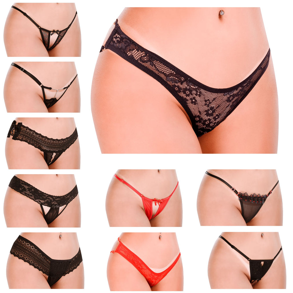 HOT FLOWERS Women Sexy Underwear Pack of 10 Variety of Panties - G-String Thongs Crotchless - Adjustable Waist – Black and Red Colors Set
