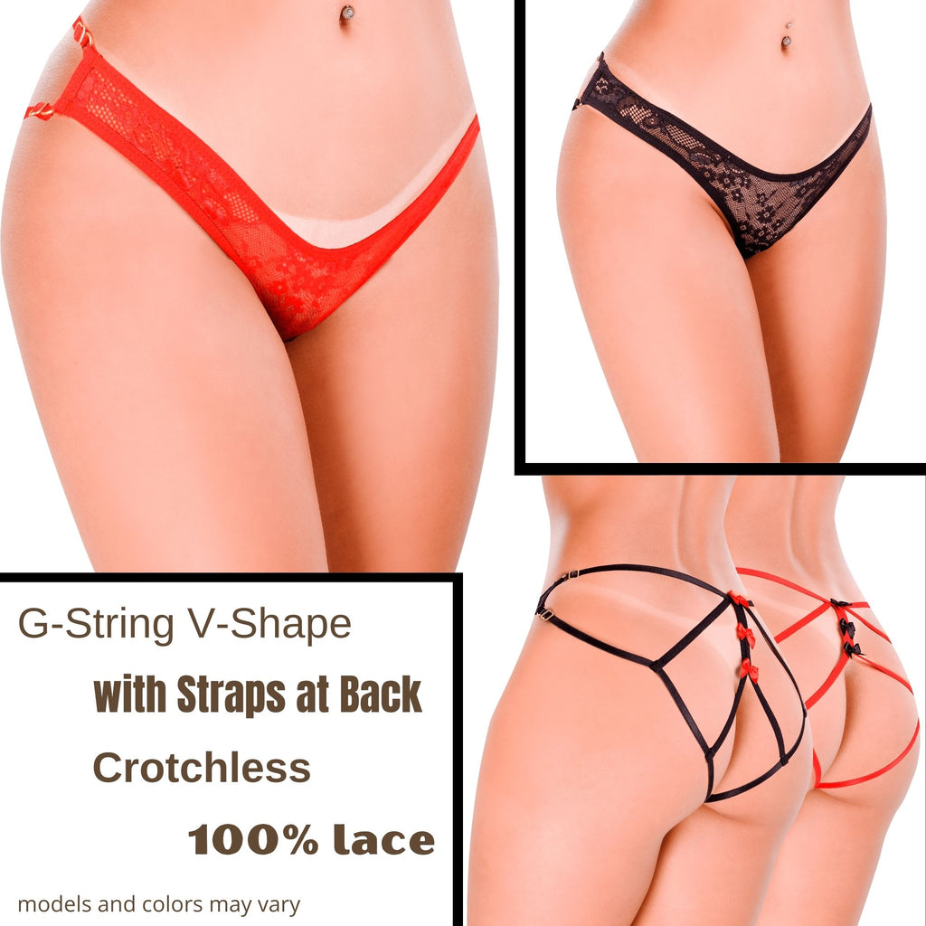 HOT FLOWERS Women Sexy Underwear Pack of 10 Variety of Panties - G-String Thongs Crotchless - Adjustable Waist – Red and Black Colors Set