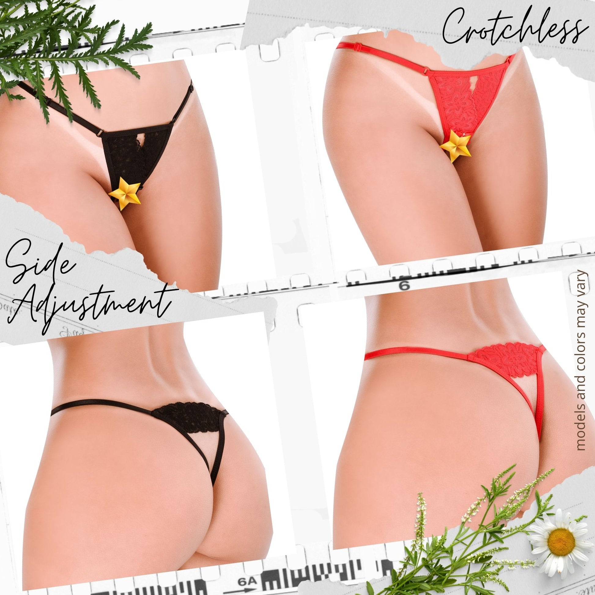 HOT FLOWERS Women Sexy Underwear Pack of 10 Variety of Panties - G-String Thongs Crotchless - Adjustable Waist – Red and Black Colors Set