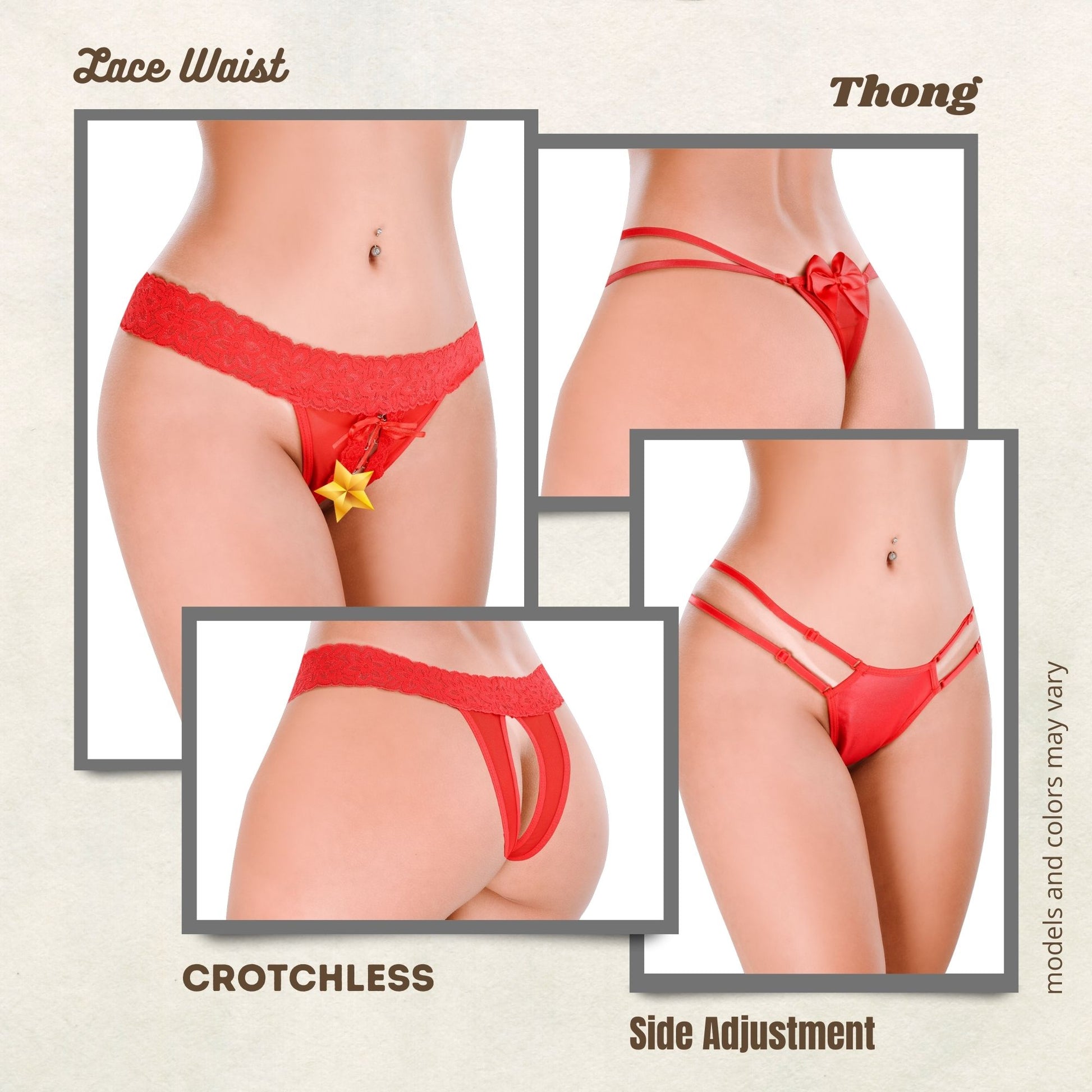 HOT FLOWERS Women Sexy Underwear Pack of 10 Variety of Panties - G-String Thongs Crotchless - Adjustable Waist – Red and Black Colors Set