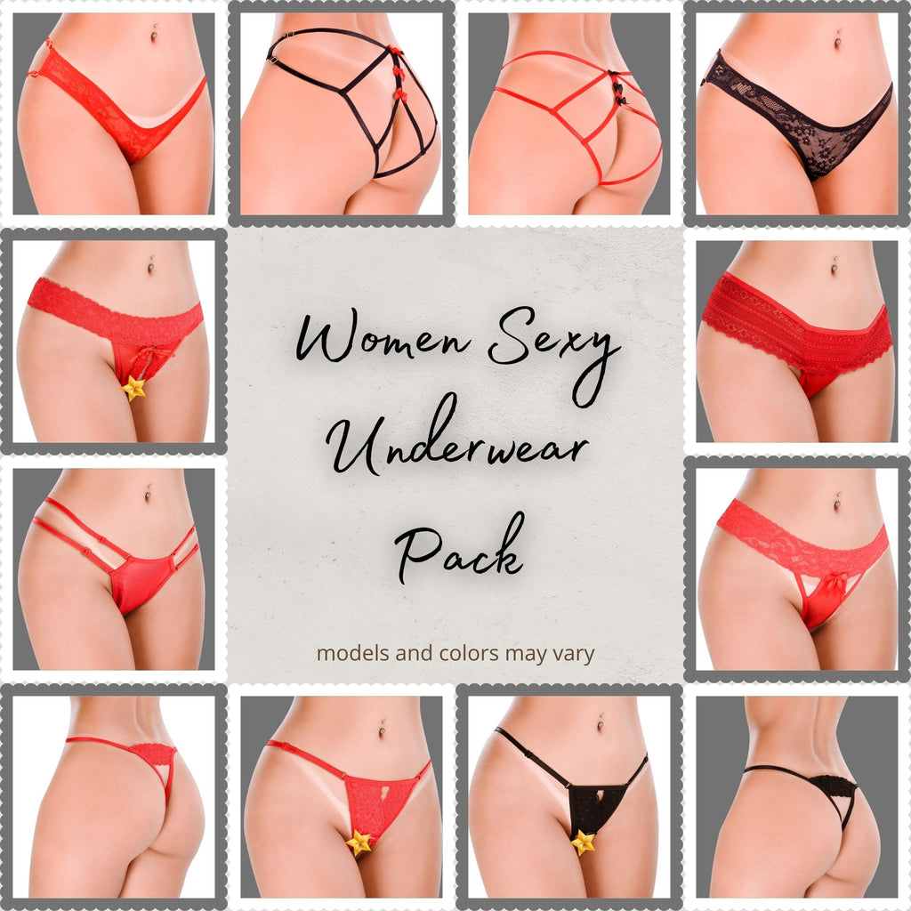 HOT FLOWERS Women Sexy Underwear Pack of 10 Variety of Panties - G-String Thongs Crotchless - Adjustable Waist – Red and Black Colors Set