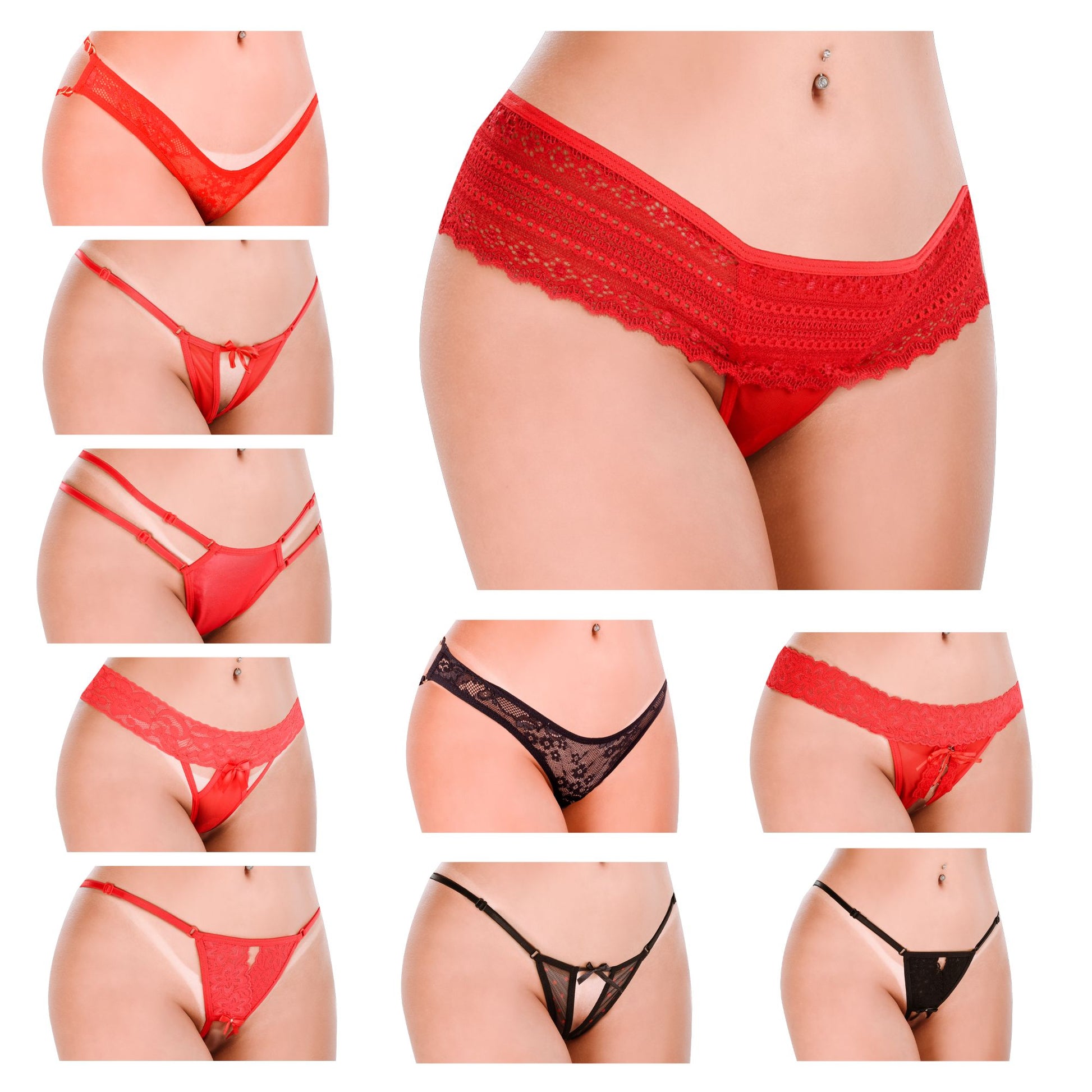 HOT FLOWERS Women Sexy Underwear Pack of 10 Variety of Panties - G-String Thongs Crotchless - Adjustable Waist – Red and Black Colors Set