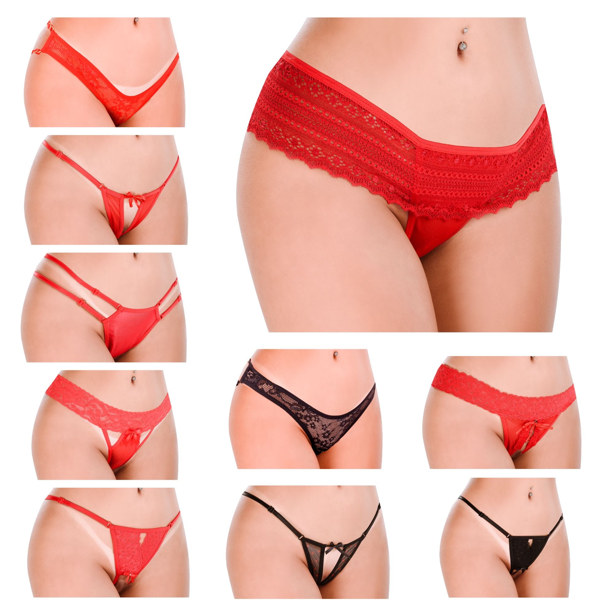 HOT FLOWERS Women Sexy Underwear Pack of 10 Variety of Panties - G-String Thongs Crotchless - Adjustable Waist – Red and Black Colors Set