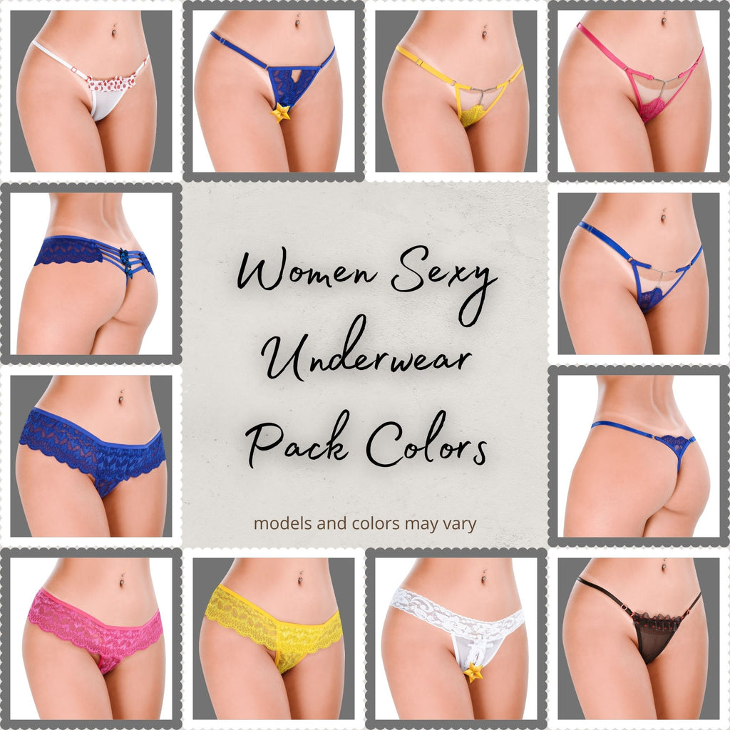 HOT FLOWERS Women Sexy Underwear Pack of 10 Variety of Panties - G-String Thongs Crotchless - Adjustable Waist – Multi-Color Set