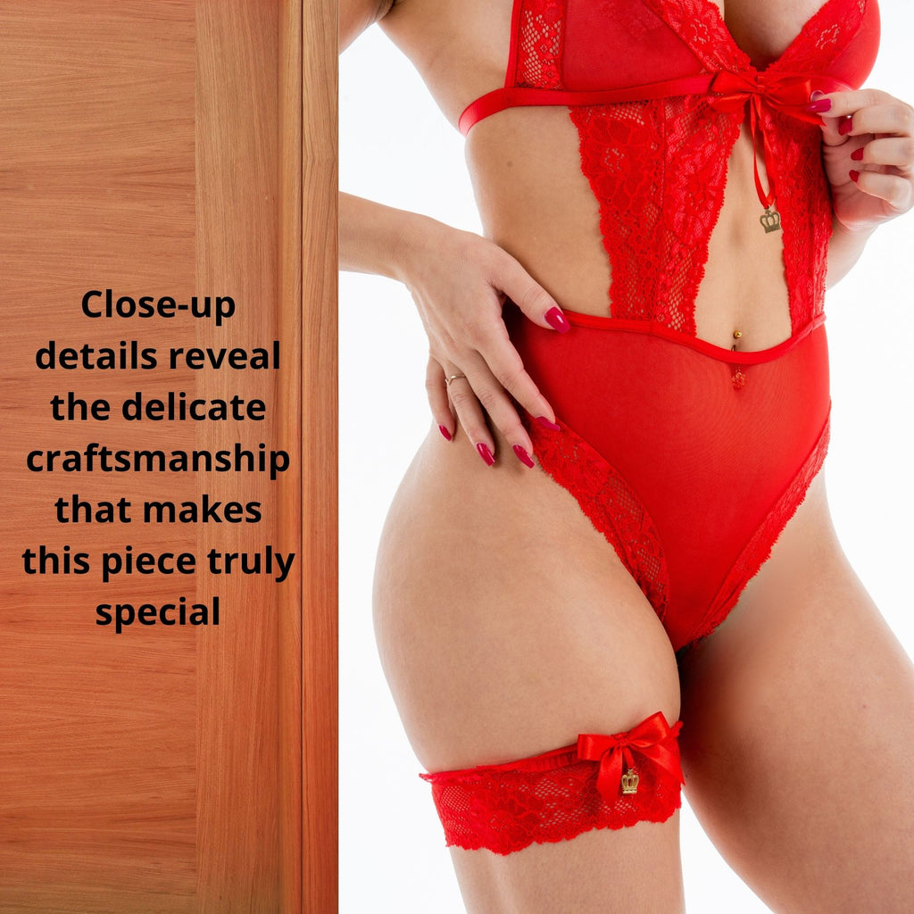 Women's Halter Neck Lace Teddy Lingerie with Cutout Design, Lace-Up Back & Matching Garter
