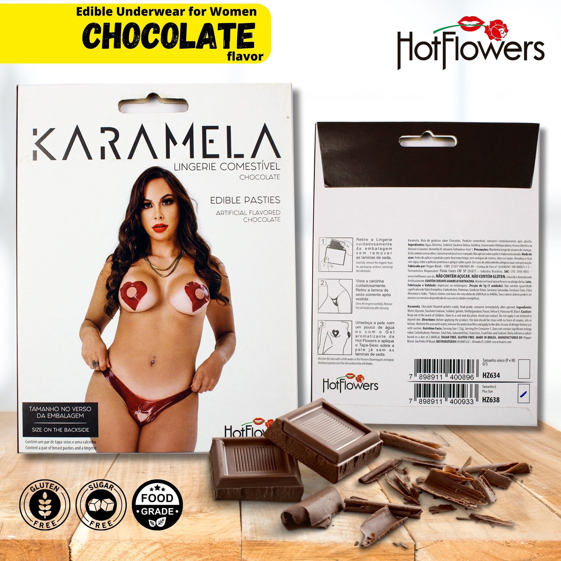 HOT FLOWERS Karamela Edible Underwear for Women –Candy Lingerie Set Heart-Shaped Nipple Covers & Tie-Side Panties - Chocolate