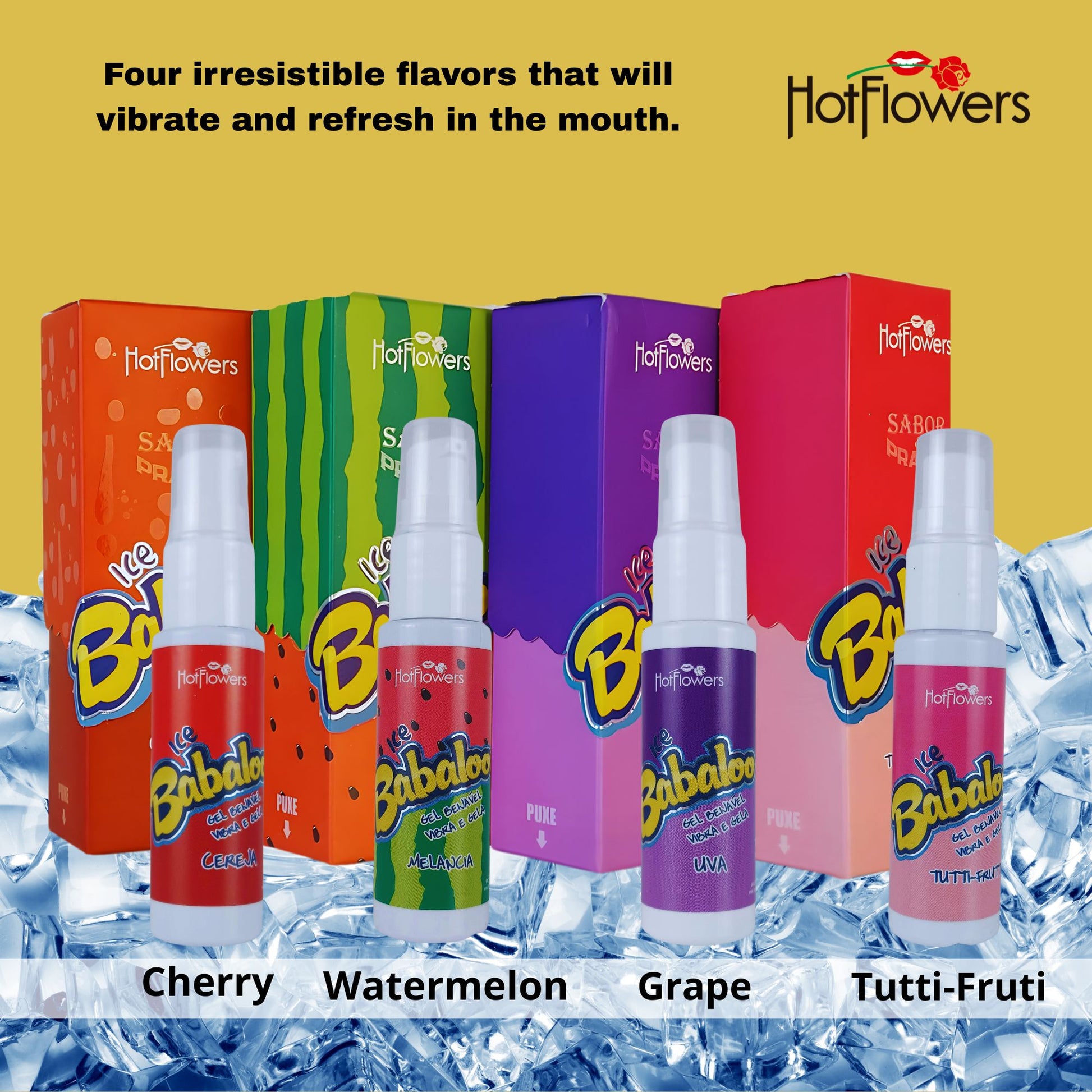 Hotflowers Babaloo Oral Ice Flavored Body Gel – Water-Based Cooling Massage Gel, Kissable & Refreshing, Unisex Relaxation Formula – Tutti-Frutti, Watermelon, Grape & Cherry – 15g Each