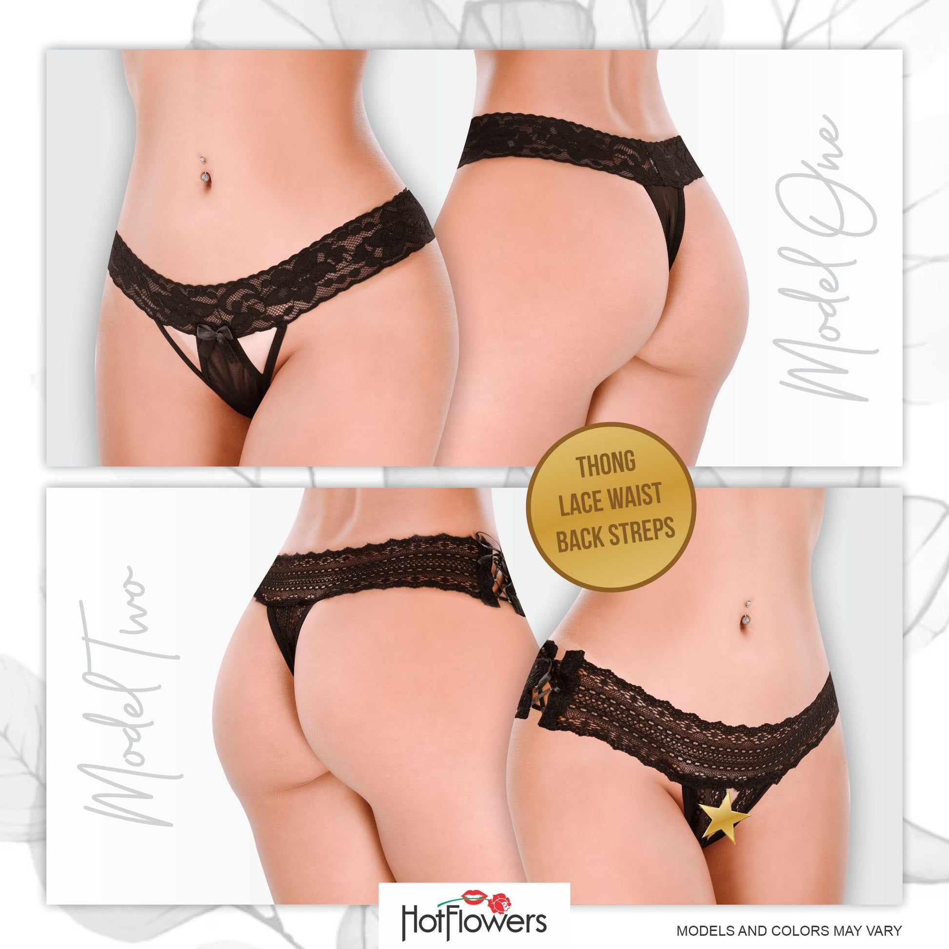 HOT FLOWERS Women Sexy Underwear Pack of 10 Variety of Panties - G-String Thongs Crotchless - Adjustable Waist – Black and Red Colors Set