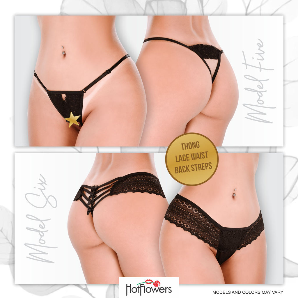 HOT FLOWERS Women Sexy Underwear Pack of 10 Variety of Panties - G-String Thongs Crotchless - Adjustable Waist – Black and Red Colors Set