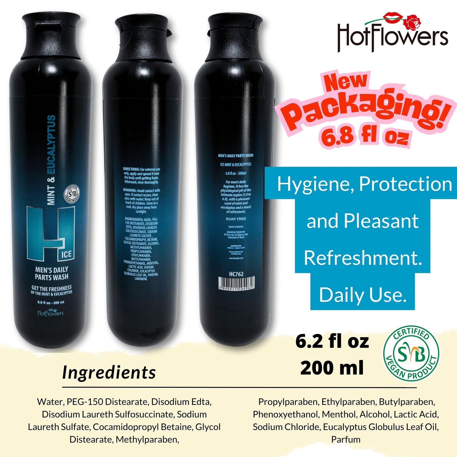 HOT FLOWERS Mint and Eucalyptus Men’s Daily Intimate Wash for Essentials Body Health, 4.4 oz. each