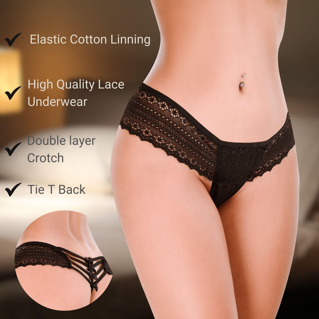 HOT FLOWERS Women Sexy Underwear Pack of 10 Variety of Panties - G-String Thongs Crotchless - Adjustable Waist – Black and Red Colors Set