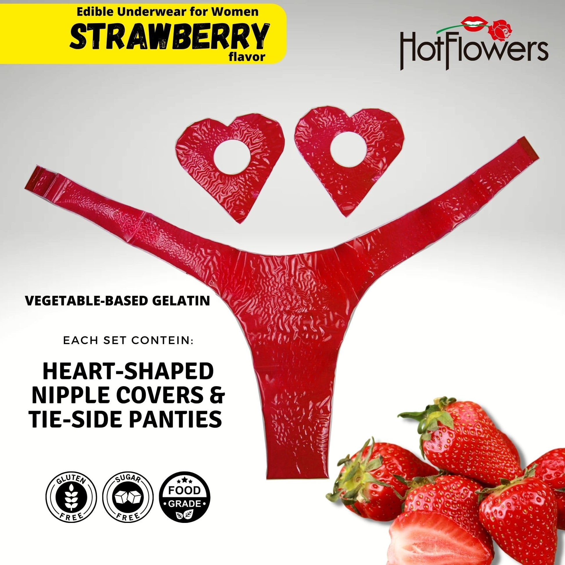 HOT FLOWERS Karamela Edible Underwear for Women -Candy Lingerie Set Heart-Shaped Nipple Covers & Tie-Side Panties - Strawberry