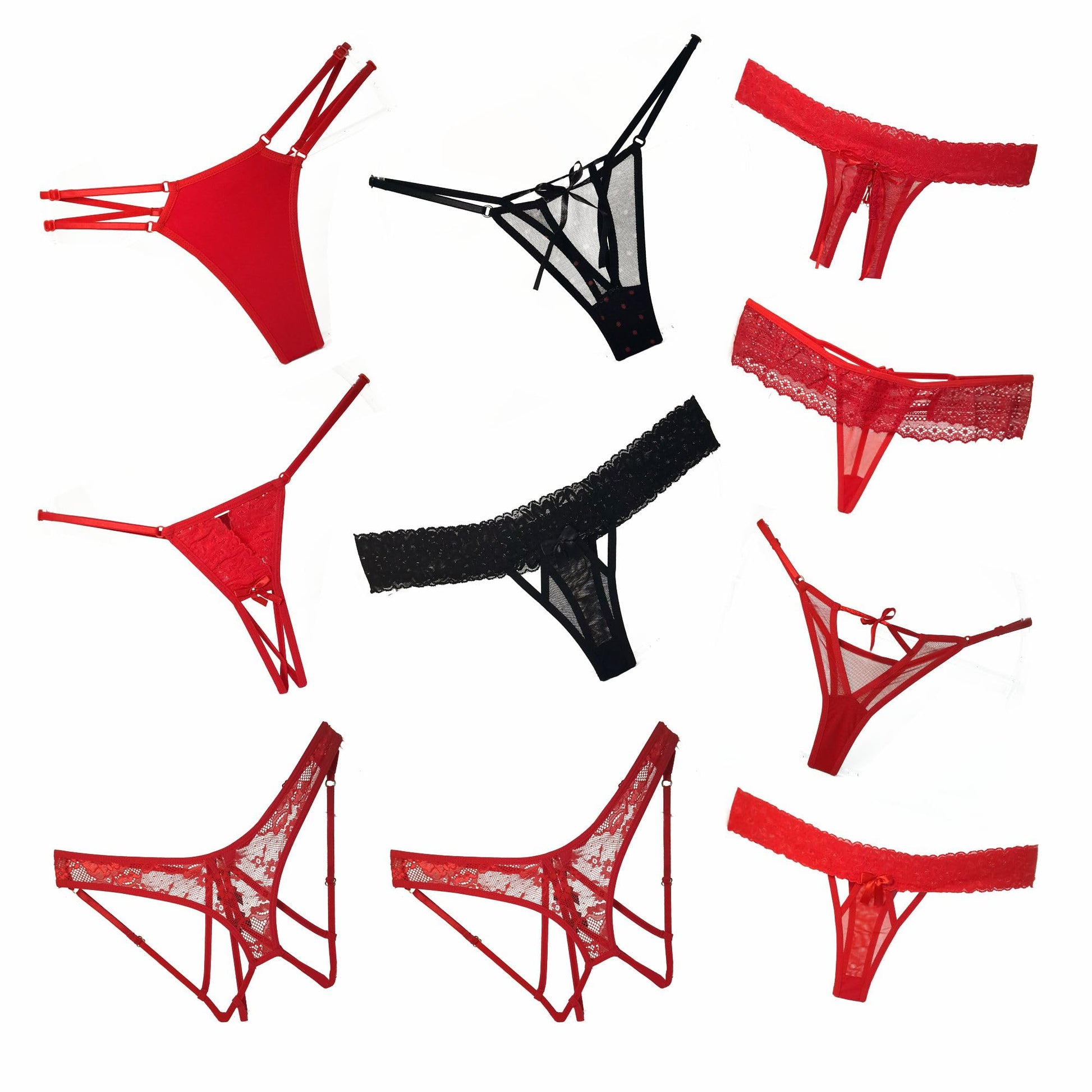 HOT FLOWERS Women Sexy Underwear Pack of 10 Variety of Panties - G-String Thongs Crotchless - Adjustable Waist – Red and Black Colors Set