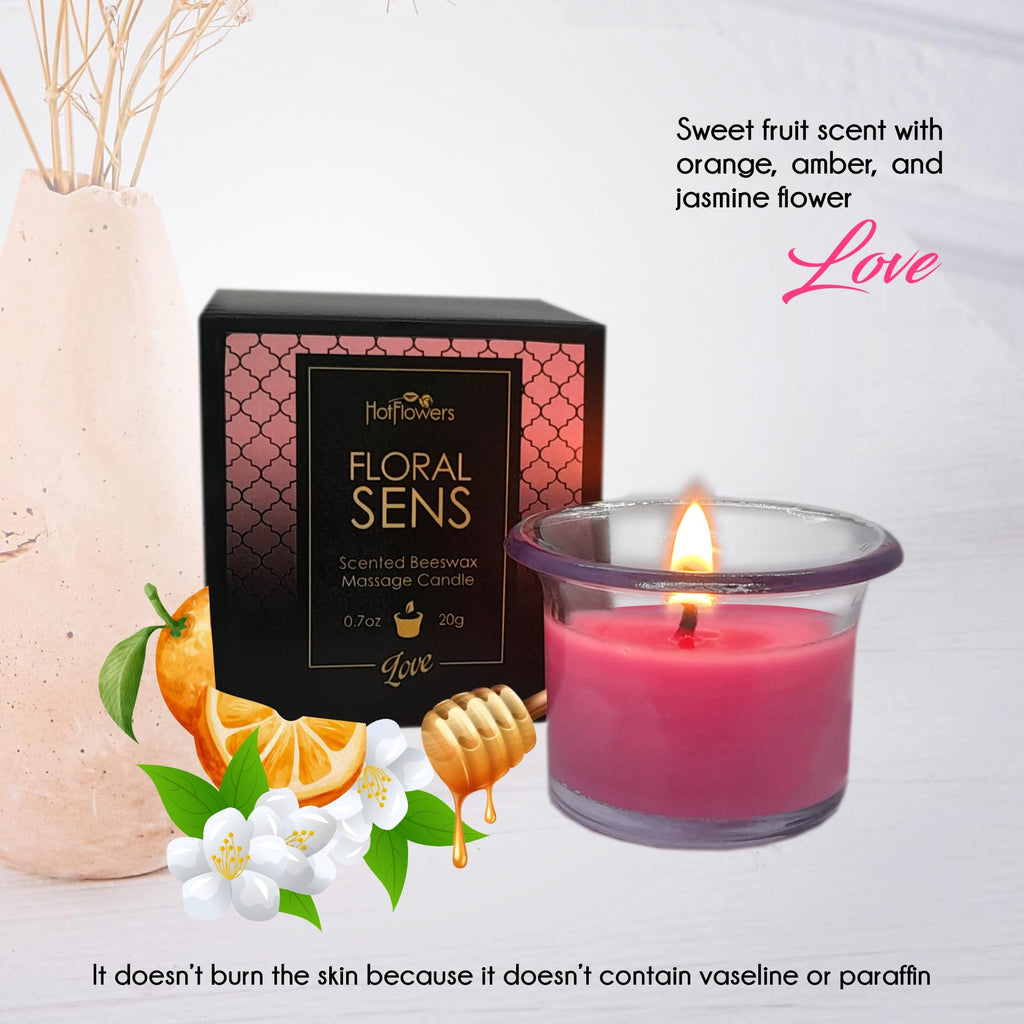 Hot Flowers Beeswax Body Scented Massage Candle Set - Low Heat Oil Warmer - Skin Safe Moisturize - Set of Three 0.7 oz Each - Romance Sweet Floral, Charm Fruit, Love Floral