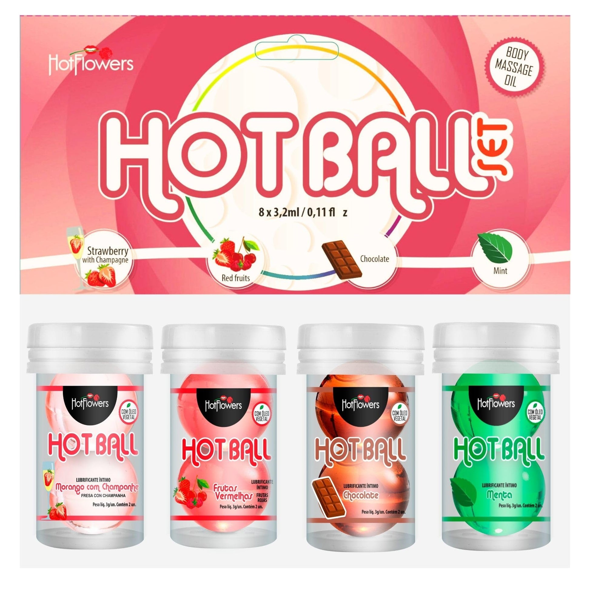 Hot Ball Flavored Kit – 4 Aromas: Strawberry Champagne, Mint, Chocolate & Red Fruits – Massage Oil Balls – Skin-Friendly Massage Beads - 2 Units Each
