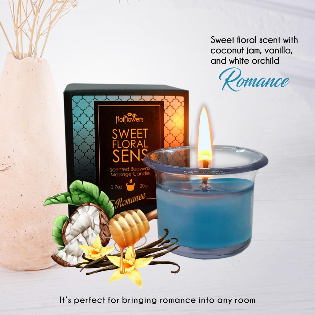 Hot Flowers Beeswax Body Scented Massage Candle Set - Low Heat Oil Warmer - Skin Safe Moisturize - Set of Three 0.7 oz Each - Romance Sweet Floral, Charm Fruit, Love Floral